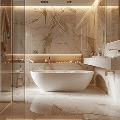 Bathroom with brown marble tiles on the walls and floor. There is a white bathtub. Minimalist luxury Interior design