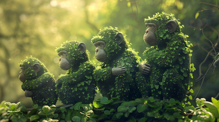 Ultra HD image of a hedge shaped into a series of playful monkeys, focusing on the interaction and textures of the foliage, with sunlight filtering through the leaves