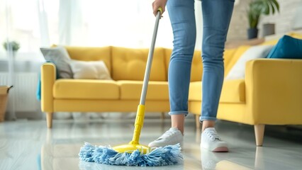 Woman mopping floor in bright white living room in closeup shot. Concept Cleanliness, household chores, housewife, housework, white interiors