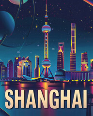 Shanghai skyline retro vector travel poster