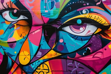 Vibrant street art with abstract facial features