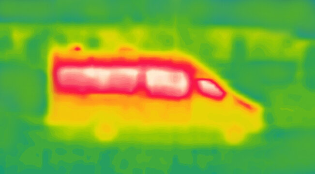 minibus, station wagon. Image from thermal imager device.
