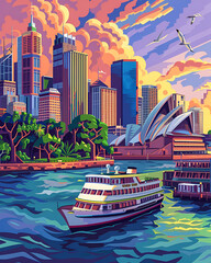 Sydney skyline retro vector travel poster