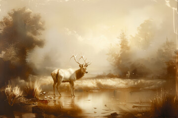 Vintage Oil Painting of an Deer in muted colors 