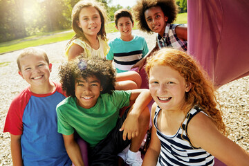 Kids, playground and portrait of group outdoor to relax with friends in summer on vacation. Happy, holiday and children together for party, games or smile at park in school, academy or recess break