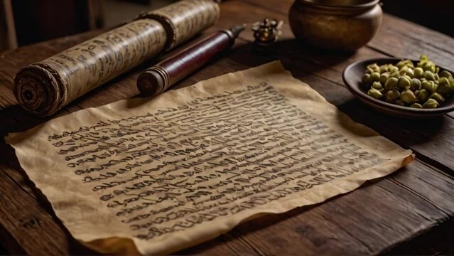 Old paper with a pen and inkwell on the table, ancient scroll with a bowl of peas on the desk Generative AI