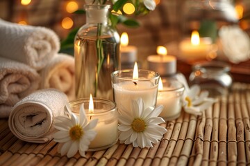 Aromatherapy. Scented candles bottles flowers