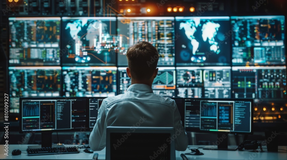 Poster Operator working in the System Control Center. Technical data is displayed on multiple screens. Generative AI.