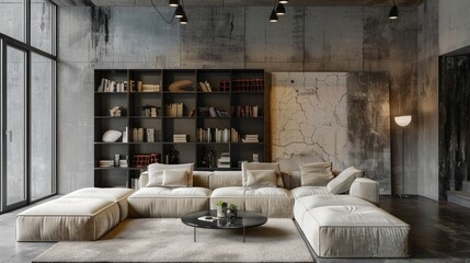 Loft interior design of modern living room, home. Beige sofa and shelving units against concrete wall. realistic