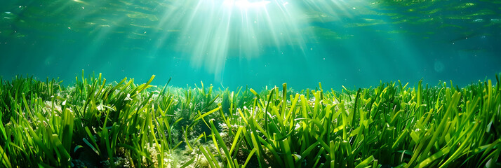 Underwater perspective of a healthy sea grass bed, highlighting the ecosystem's complexity and the clarity of the surrounding water - Powered by Adobe