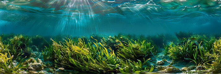 Underwater perspective of a healthy sea grass bed, highlighting the ecosystem's complexity and the clarity of the surrounding water