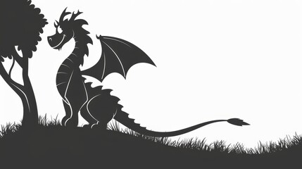   A silhouetted dragon, black against the sky, perches atop a hill In the foreground, a solitary tree stands, and lush grass spreads out around it