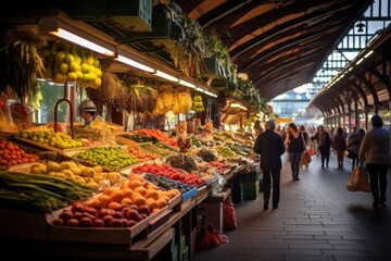 Vibrant Cityscape Featuring an Outdoor Fruit and Vegetable Market with Busy Shoppers and Stalls