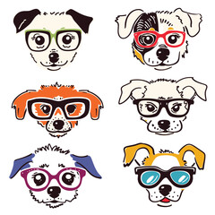 Six cartoon dogs wearing different styles glasses. Dogs vary expressions glasses colors, cute canine faces. Handdrawn style, playful dog portraits, colorful eyewear fashion