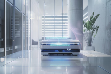Futuristic Holographic Printer in a Minimalist Office Setting