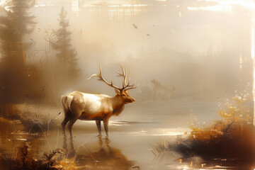 Vintage Oil Painting of an Deer in muted colors 