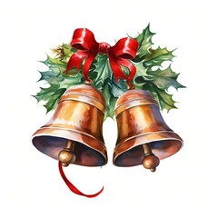 Christmas bell. Cozy boho bells clipart. Watercolor illustration. Generative AI. Detailed illustration.