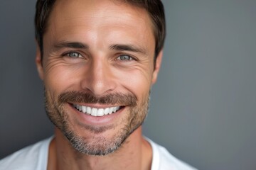 Fototapeta premium Happy man with perfect teeth smiling on grey background