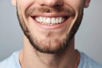Happy man with perfect teeth smiling on grey background