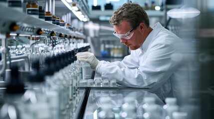 scientist adjusting equipment in a drug production line, focused and careful, in a pristine laboratory setting.