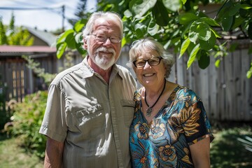 Happy senior couple standing in backyard