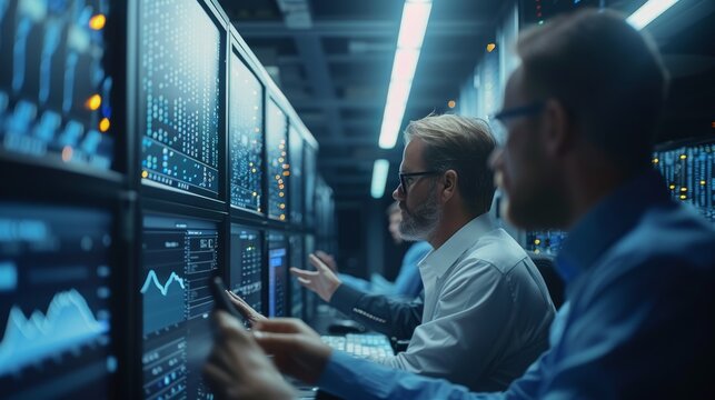 Professional IT programmers discussing blockchain data network architecture on a desktop computer display. The Technical Department of the Data Center is in operation. Generative AI.
