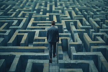 Man facing giant labyrinth challenge