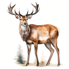 Christmas deer. Red deer in winter clipart. Watercolor illustration. Generative AI. Detailed illustration.