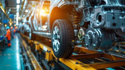 Fototapeta premium team conducting a quality check on automotive parts in a factory, showcasing the detailed production process.