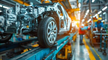 Fototapeta premium team conducting a quality check on automotive parts in a factory, showcasing the detailed production process.