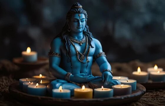 Hindu god Ram Krishna statute meditation with candles Generative AI