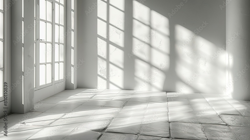 Poster empty room with shadows of window, abstract white studio background for product presentation