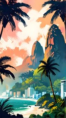 Vibrant Artistic Cityscape of Rio de Janeiro, brazil with Palm Trees, Landscapes and Mountains. Artful painting style illustration with grungy brush stroke texture. Generative AI