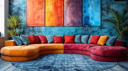 A minimalist living room interior with a plush, modern sectional couch in a bold, vibrant color, complemented by large, abstract paintings. Generative ai