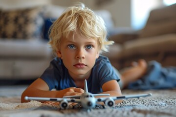Little blond boy playing with model airplane