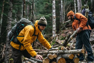 Male hikers arranging firewood in forest