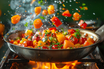 Frying pan with colored vegetables and herbs on fire. Dump and Bake. Close-up