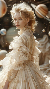 Beautiful top model woman in the space, futuristic space. AI Generated