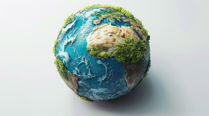 Earth with a close-up on thriving green regions versus areas suffering from climate change, aimed to motivate conservation efforts, on a white background.