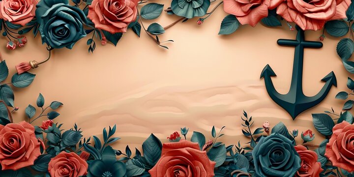 Anchors and navy roses frame the bottom, leaving copy space above, banner greeting card for wedding reception, valentines, mother's day, father's day