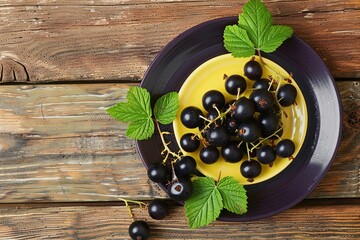 Fresh blackcurrants on a plate on a wooden background. View from above. place for text. 