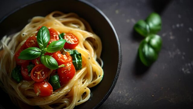 Delicious Fresh Pasta With Tomato, Basil, And Spinach In A Rustic Pan, Perfect For A Healthy Mediterranean Dinner