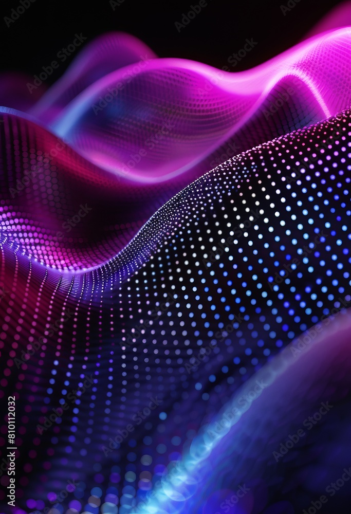 Poster Showcasing a vibrant digital abstraction with wavy patterns made of light dots, suitable for tech-related themes