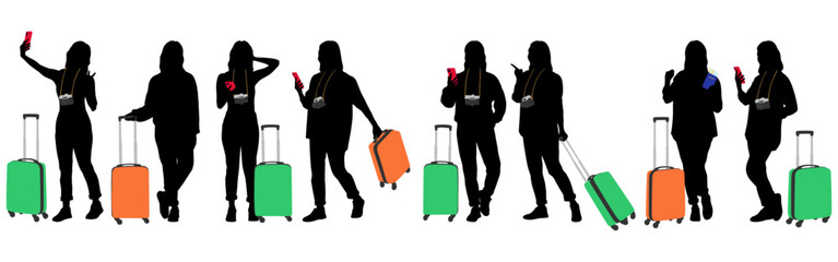 Silhouette of young woman tourist with camera and smartphone. Girl in casual clothes with a suitcase and tickets. The female traveler goes on a journey. Vector illustration set isolated on white