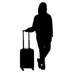 Silhouette of young woman tourist with camera and smartphone. Girl in casual clothes with a suitcase and tickets. The female traveler goes on a journey. Vector illustration isolated on white