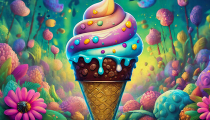 oil painting style cartoon illustration Chocolate ice cream with colorful,
