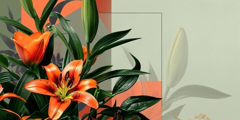 Olive green lilies and burnt orange tulips blend with geometric patterns on the left, leaving copy space on the right, banner greeting card for wedding reception, valentines, mother's day
