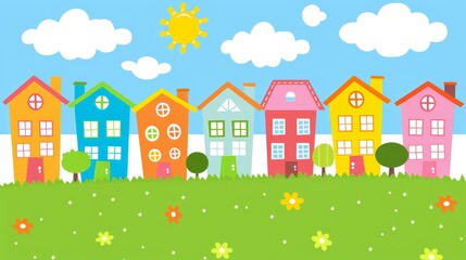   A row of brightly colored houses atop a verdant green field, beneath a clear blue sky and distant sun