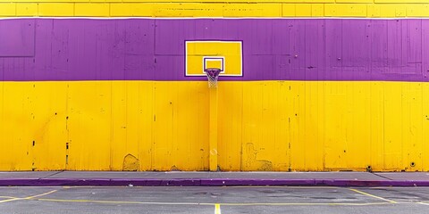 A front-facing basketball hoop mounted on a bright yellow and purple painted wall, symbolic of urban sports