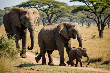 Elephants and calf walking in savanna